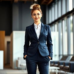 A confident woman dressed in formal business attire, standing in a modern office environment