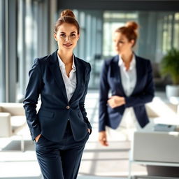 A confident woman dressed in formal business attire, standing in a modern office environment