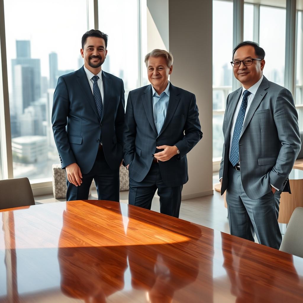 A professional scene featuring three middle-aged Asian male consultants in an office setting