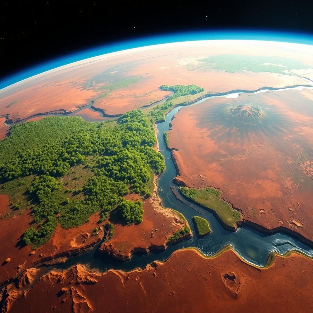 A breathtaking view of Mars as seen from space, transformed with lush green forests and vibrant vegetation covering its surface