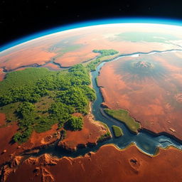 A breathtaking view of Mars as seen from space, transformed with lush green forests and vibrant vegetation covering its surface