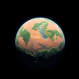 A breathtaking view of Mars as seen from space, transformed with lush green forests and vibrant vegetation covering its surface