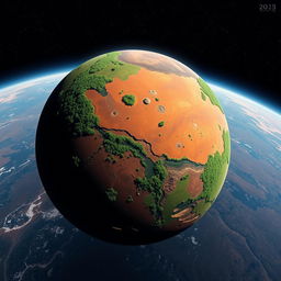 A breathtaking view of Mars as seen from space, transformed with lush green forests and vibrant vegetation covering its surface