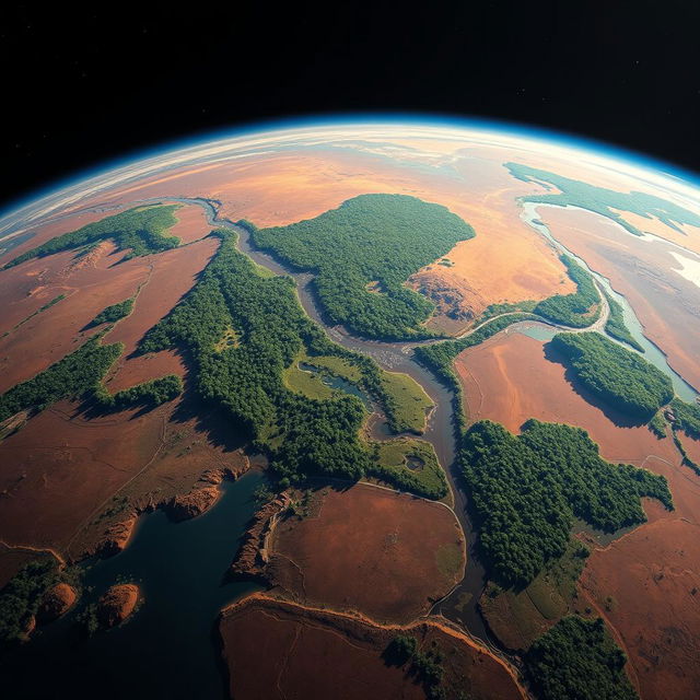 A breathtaking view of Mars as seen from space, transformed with lush green forests and vibrant vegetation covering its surface