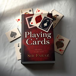 A visually striking book cover for 'Playing Cards' by Sir Faraz, featuring a stylized, artistic representation of playing cards scattered across an elegantly textured surface