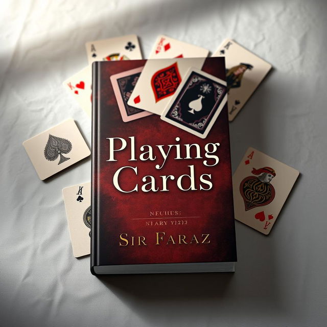 A visually striking book cover for 'Playing Cards' by Sir Faraz, featuring a stylized, artistic representation of playing cards scattered across an elegantly textured surface