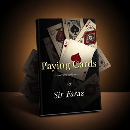 A visually striking book cover for 'Playing Cards' by Sir Faraz, featuring a stylized, artistic representation of playing cards scattered across an elegantly textured surface