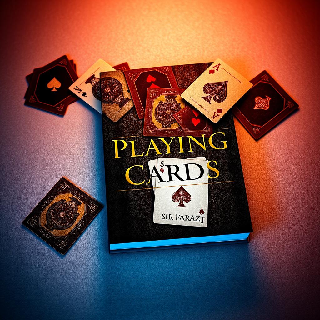 A visually striking book cover for 'Playing Cards' by Sir Faraz, featuring a stylized, artistic representation of playing cards scattered across an elegantly textured surface