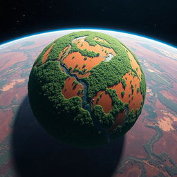 A stunning view of Mars fully covered in dense, lush green forests and vibrant vegetation as seen from space