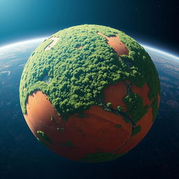 A stunning view of Mars fully covered in dense, lush green forests and vibrant vegetation as seen from space