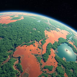 A stunning view of Mars fully covered in dense, lush green forests and vibrant vegetation as seen from space
