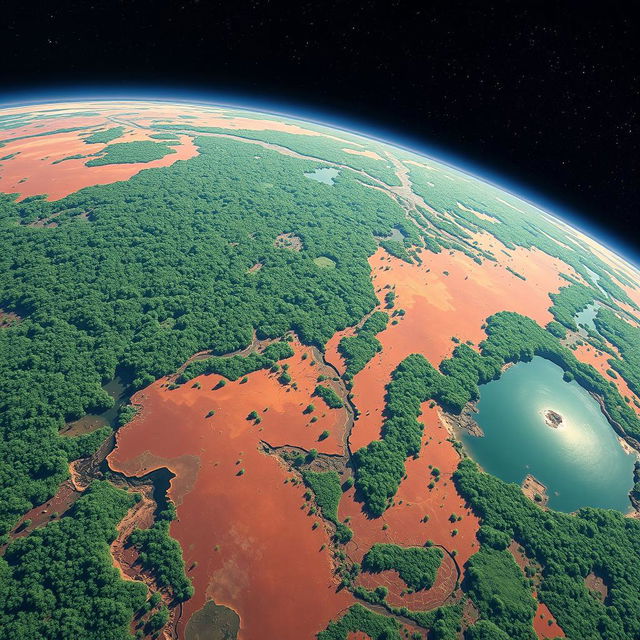 A stunning view of Mars fully covered in dense, lush green forests and vibrant vegetation as seen from space