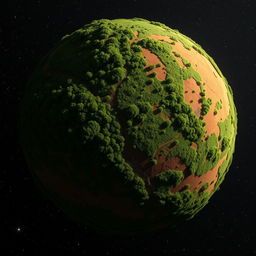 A stunning, full view of Mars as seen from space, entirely covered with dense, lush green forests and vibrant vegetation