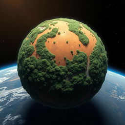 A stunning, full view of Mars as seen from space, entirely covered with dense, lush green forests and vibrant vegetation