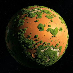 A stunning, full view of Mars as seen from space, entirely covered with dense, lush green forests and vibrant vegetation