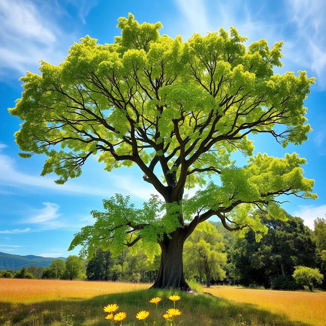 A majestic Anna tree with lush green foliage, standing tall in a serene landscape