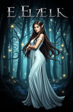 An eye-catching book cover featuring a beautiful brunette female elf dressed in an elegant white gown
