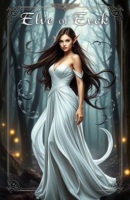 An eye-catching book cover featuring a beautiful brunette female elf dressed in an elegant white gown