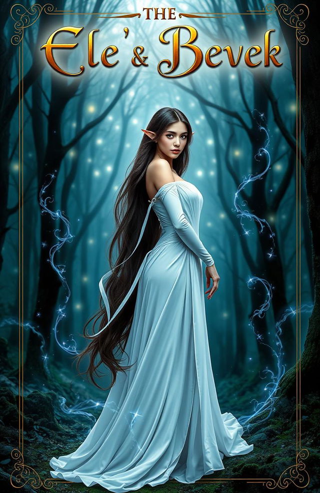 An eye-catching book cover featuring a beautiful brunette female elf dressed in an elegant white gown