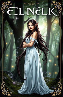 An eye-catching book cover featuring a beautiful brunette female elf dressed in an elegant white gown