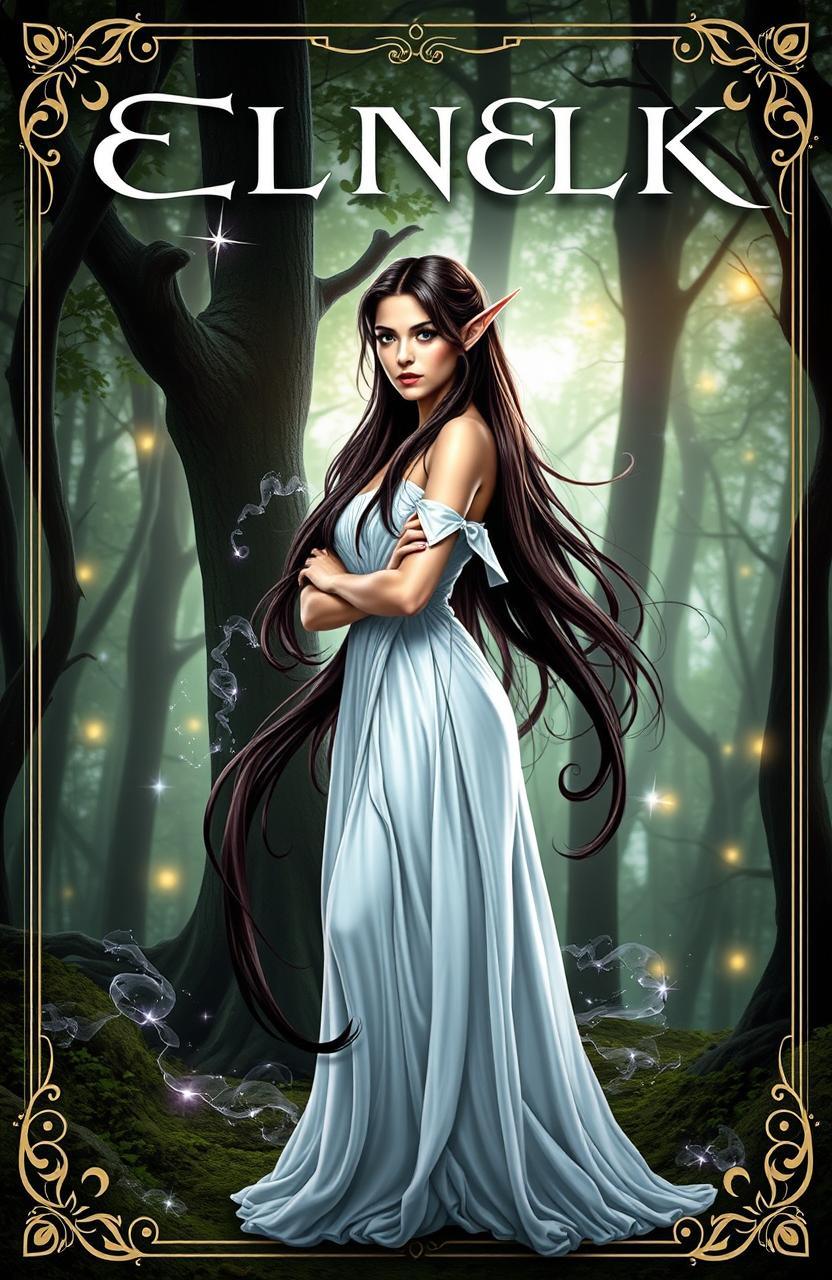An eye-catching book cover featuring a beautiful brunette female elf dressed in an elegant white gown