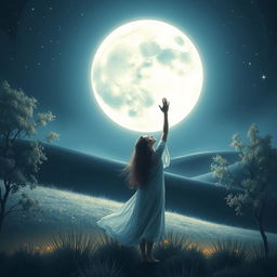 A serene and enchanting scene depicting a selenophile, someone who loves the moon, standing in a tranquil landscape at night