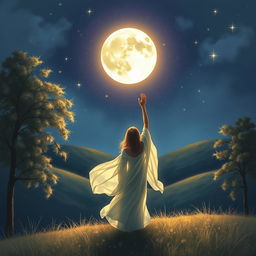 A serene and enchanting scene depicting a selenophile, someone who loves the moon, standing in a tranquil landscape at night