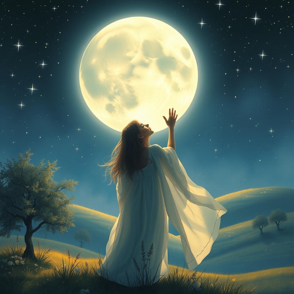 A serene and enchanting scene depicting a selenophile, someone who loves the moon, standing in a tranquil landscape at night