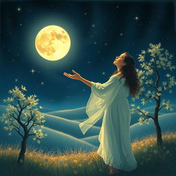 A serene and enchanting scene depicting a selenophile, someone who loves the moon, standing in a tranquil landscape at night