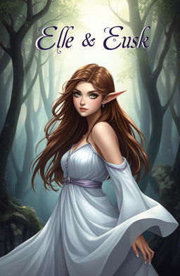 A book cover illustration featuring a beautiful brunette female elf wearing a flowing white gown