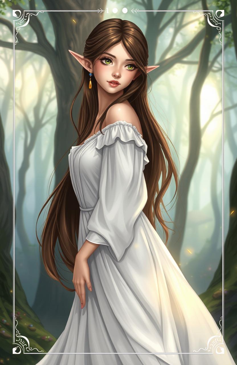 A book cover illustration featuring a beautiful brunette female elf wearing a flowing white gown