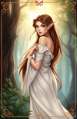 A book cover illustration featuring a beautiful brunette female elf wearing a flowing white gown