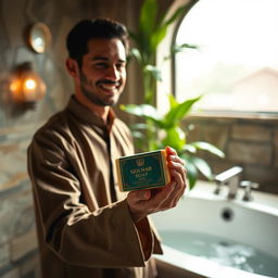 A serene and intimate scene depicting a man, dressed traditionally, standing in a beautifully designed bathroom