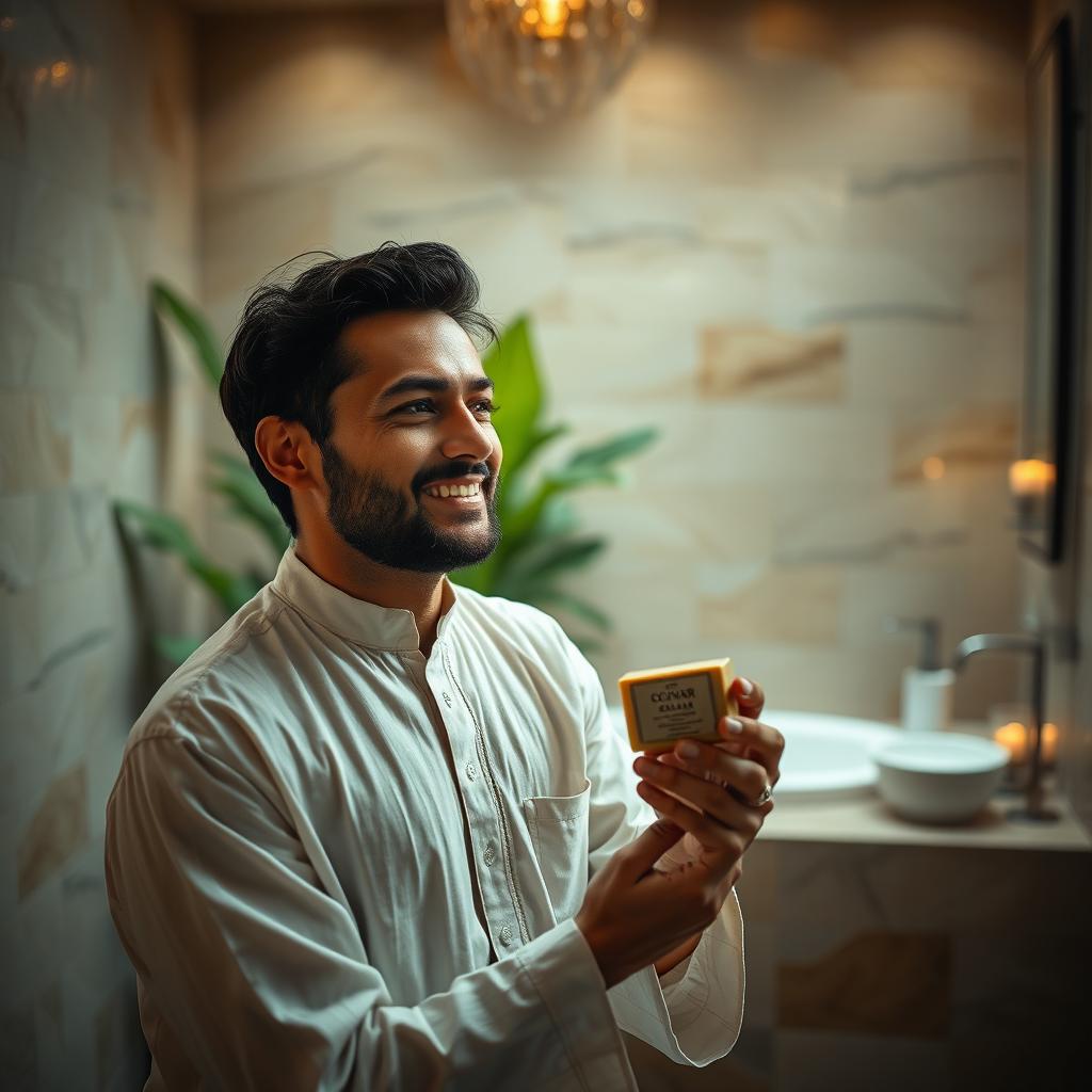 A serene and intimate scene depicting a man, dressed traditionally, standing in a beautifully designed bathroom