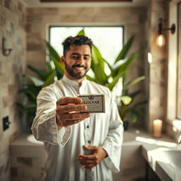 A serene and intimate scene depicting a man, dressed traditionally, standing in a beautifully designed bathroom