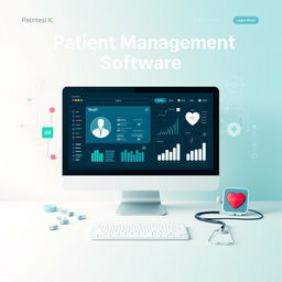 A professional and modern front-page image for a patient management software website, featuring a clean, minimalist style focused on healthcare technology