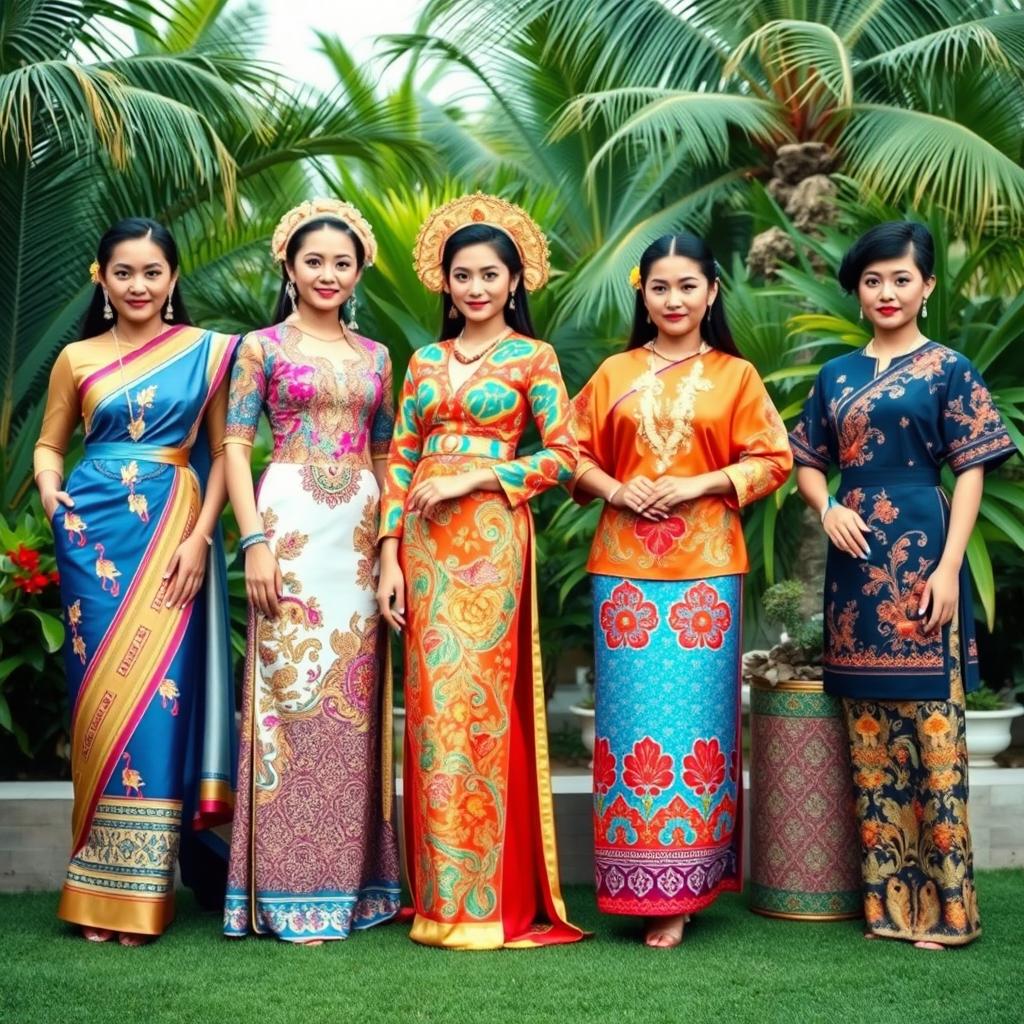 An elegant portrayal of traditional ASEAN attire, showcasing diverse styles from various member countries such as Thailand, Vietnam, Indonesia, and the Philippines