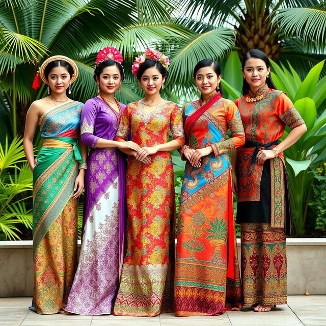 An elegant portrayal of traditional ASEAN attire, showcasing diverse styles from various member countries such as Thailand, Vietnam, Indonesia, and the Philippines