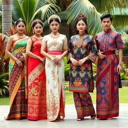 An elegant portrayal of traditional ASEAN attire, showcasing diverse styles from various member countries such as Thailand, Vietnam, Indonesia, and the Philippines