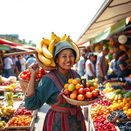 A traditional fruit seller carrying a basket of assorted fruits on a pole across their shoulders