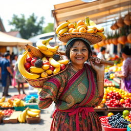 A traditional fruit seller carrying a basket of assorted fruits on a pole across their shoulders