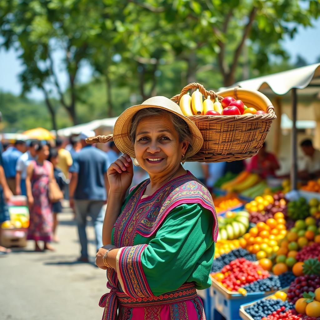 A traditional fruit seller carrying a basket of assorted fruits on a pole across their shoulders