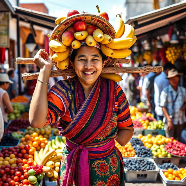 A traditional fruit seller carrying a basket of assorted fruits on a pole across their shoulders