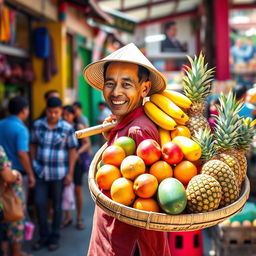 A vibrant fruit seller carrying a large bamboo tray filled with various colorful tropical fruits on his shoulder, including bananas, mangoes, and pineapples