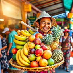 A vibrant fruit seller carrying a large bamboo tray filled with various colorful tropical fruits on his shoulder, including bananas, mangoes, and pineapples