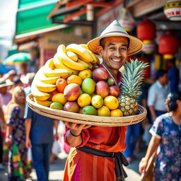A vibrant fruit seller carrying a large bamboo tray filled with various colorful tropical fruits on his shoulder, including bananas, mangoes, and pineapples