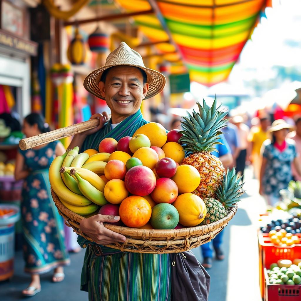 A vibrant fruit seller carrying a large bamboo tray filled with various colorful tropical fruits on his shoulder, including bananas, mangoes, and pineapples