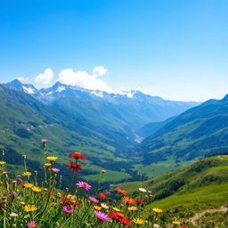 A scenic view overlooking a majestic mountainous background with lush, green valleys and a clear blue sky
