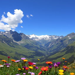 A scenic view overlooking a majestic mountainous background with lush, green valleys and a clear blue sky