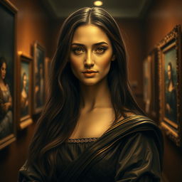 A captivating woman reminiscent of the Mona Lisa, exuding a mysterious yet calm expression